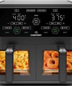 Chefman 6-Quart Double Basket Air Fryer with Easy View Window uses two separate 3-quart nonstick pans.