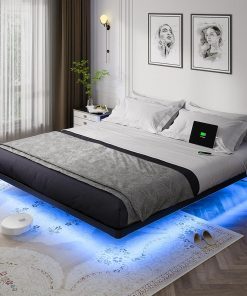 OLEVS Floating Bed Frame Queen Size with Smart LED Lights Modern Metal Platform Bed