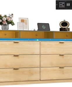 9 Drawer Led Dresser for Bedroom, 58.35'' Wide Wood Dresser Storage Organizer with Power Outlets for 65'' TV, Dressers with Open Shelves