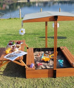 Wooden Kids Sandbox with Lid Outdoor Sand Box with Picnic Table Foldable, Sandpit with Cover Ages 4-8, Adjustable Canopy Bottom Liner for Backyard Garden