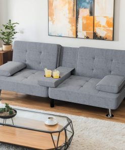 Shahoo Modern Linen Upholstered Convertible Folding Futon Sofa Bed with Removable Armrests