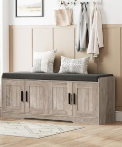 2-Tier Storage Bench, Shoe Bench with Thickened Padded Seat Cushion, Entryway Bench with 4 Doors, Adjustable Shelf, 13.8" D x 45.3" W x 18.5" H, for Entryway, Living Room, Bedroom, White