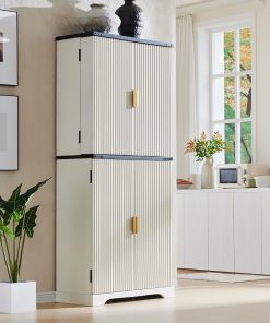 Fluted Pantry Cabinet, 72" Tall Modern Storage Cabinet with 4 Doors, Organizer, Drawer and Adjustable Shelves, Wood Cupboard