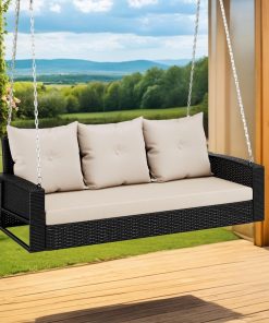 YITAHOME Hanging Porch Swing Chair Sits 3 People, Wicker Outdoor Swing Bench, Patio Lounge Chair, 1 Seating Cushion and 3 Back Cushions, w/Removable Covers, for Garden, Balcony, Backyard, Brown