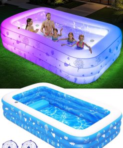 Inflatable Pool with Seat and Pool Lights, Durable Thickened Large Size Family Inflatable Pools for Adults Blow Up Pools,105" x 65" x 25"Swimming Inflatable Kids PooI for Backyard,Outdoor (White)