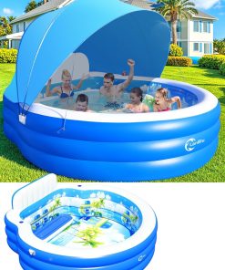 2025 Upgraded Inflatable Pool with Canopy, Inflatable Family Lounge Pool, Round Blow Up Pool for Adult with Bench & Backrest, Swim Center Easy Backyard Pools for Kids & Adults, 92"x92"x26", Blue