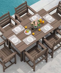 Outdoor HDPE Dining Table Set, 7-Piece Outdoor Dining Table Sets with Umbrella Hole Cut-Out Table and 6 Chairs