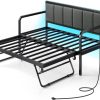 Rolanstar Daybed with Charging Station and LED Lights, Height Adjustable Twin Daybed with Trundle, Metal Sofa Bed Frame with Steel Slat Support