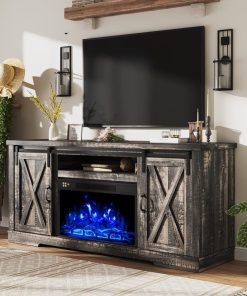 AMERLIFE Fireplace TV Stand with Sliding Barn Door for TVs up to 73", Farmhouse 63" Fireplace Entertainment Center with Storage Cabinets/Adjustable Shelves